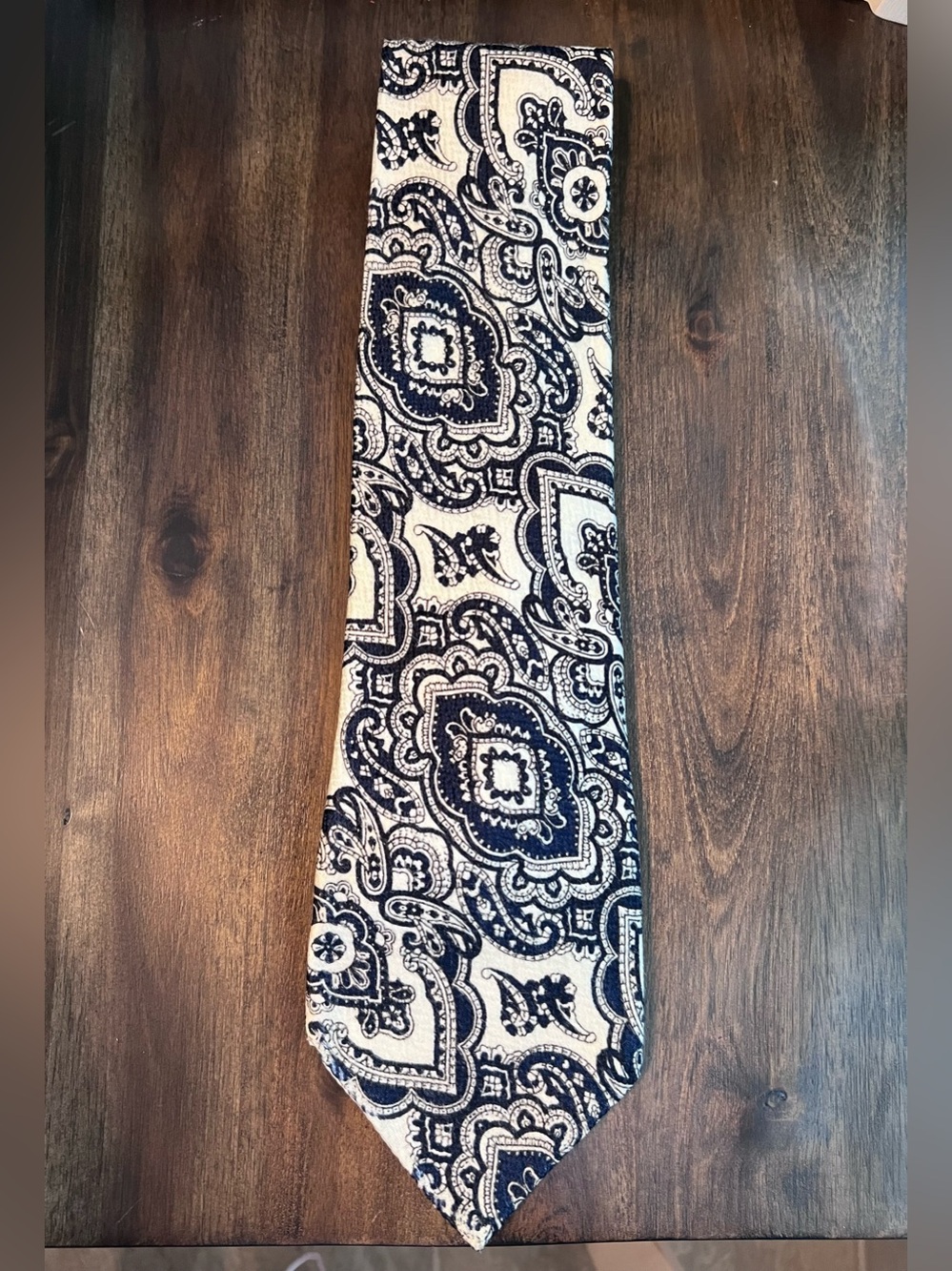 VTG Liebert Men's Paisley Necktie Navy Blue White Brocade Woven Silk Wide Tie